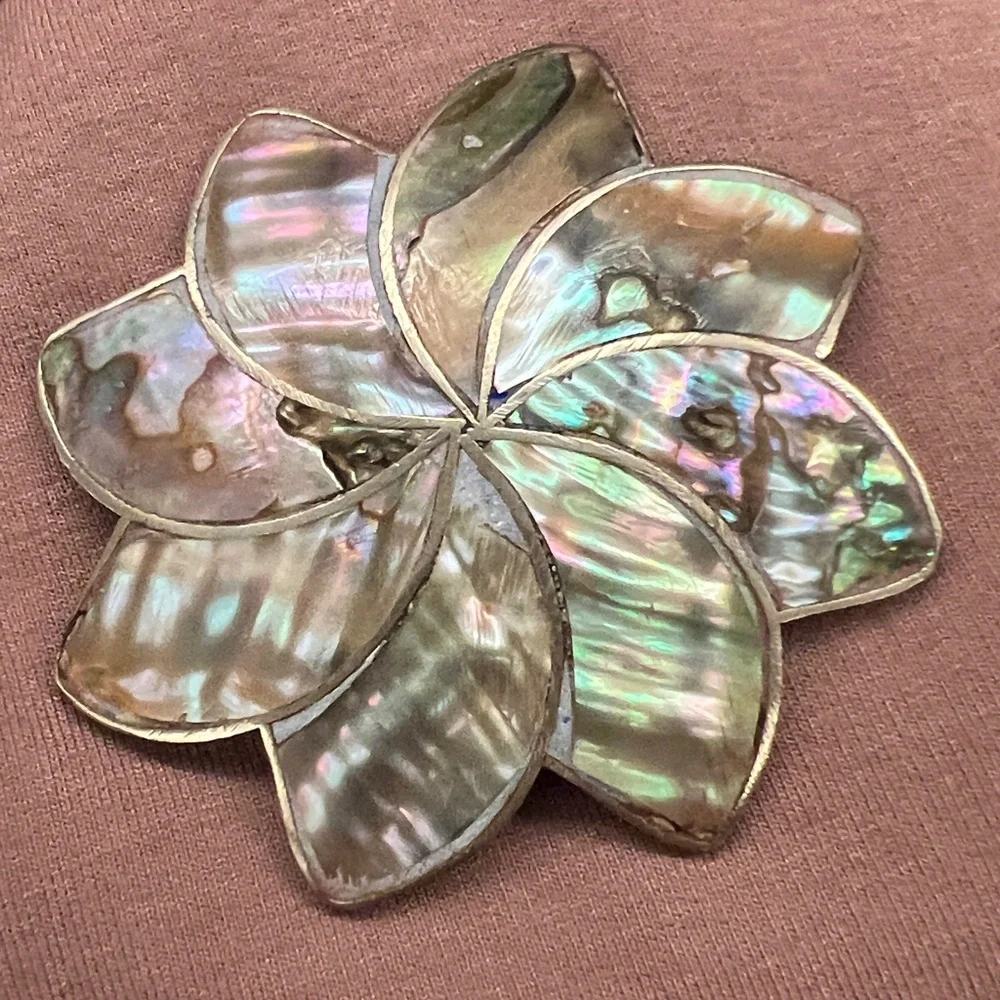 Abalone Sterling Silver Pendant Brooch Pin Inlaid Flower Alpaca Silver Mexico